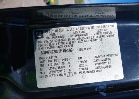 2008 Hummer H2 Suv из США, поврежденный, VIN 5GRGN23878H108589